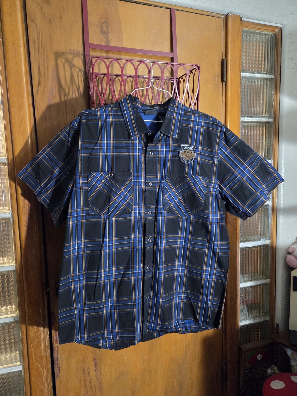 Harley-Davidson Black, Blue & Tan Plaid Short Sleeve Button-Up Shirt